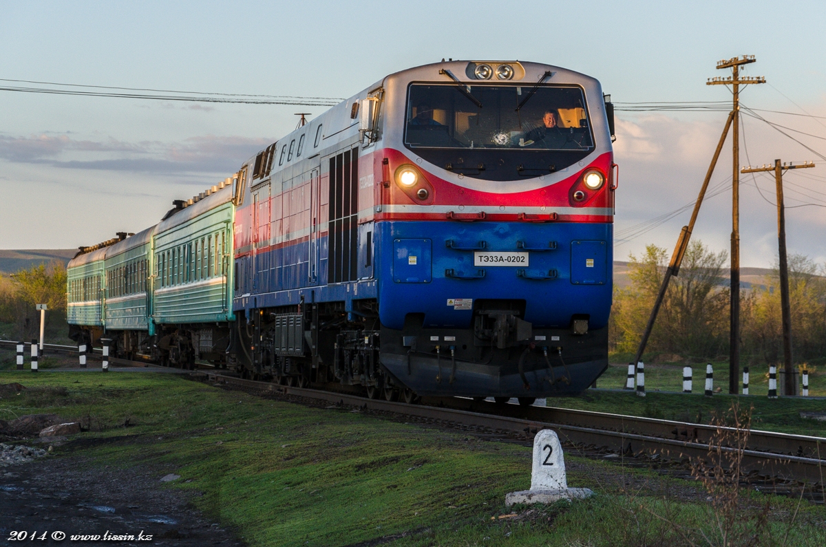 ТЭ33А-0202 c поездом №632 Алма-Ата - Талды-Курган, на перегоне Карабулак - Талды-Курган, 27.04.14г.