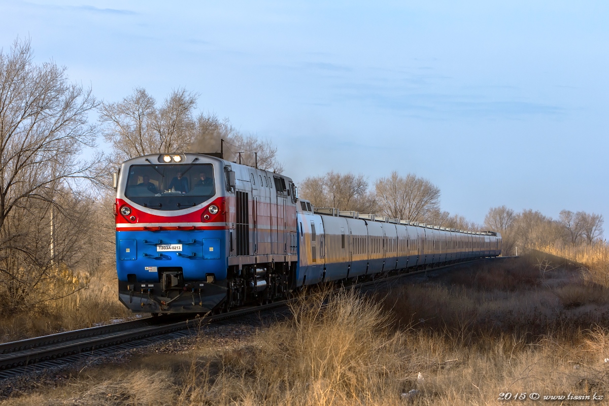 ТЭ33А-0213 с поездом Тальго №69 Защита - Алма-Ата на перегоне Илийская - Жетыген, 15.02.15г.